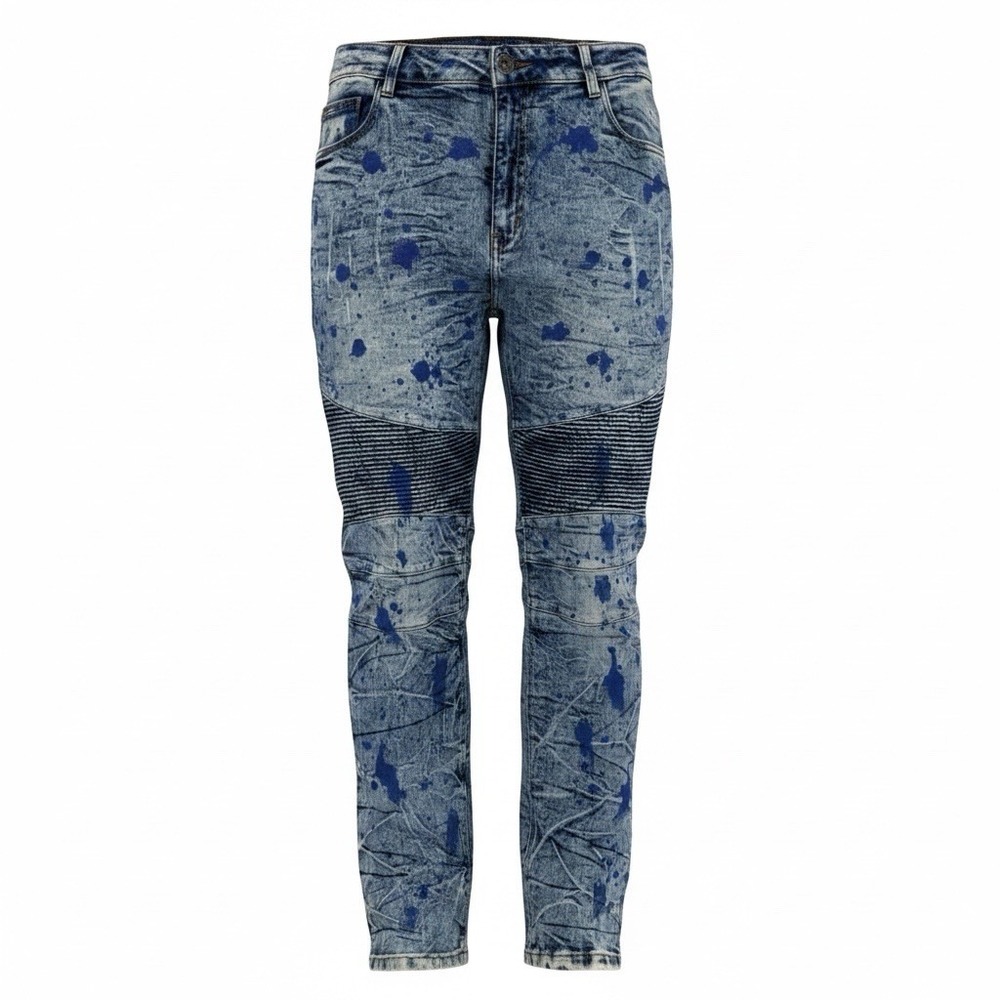 Evolution in Design Men Biker Jeans 40x32 Blue Paint Splatter Distressed Moto